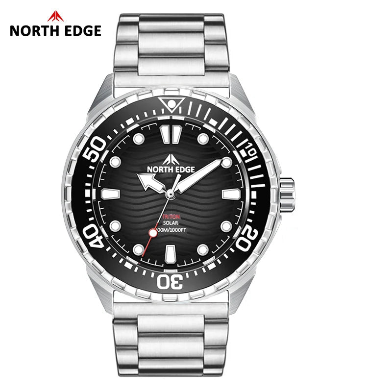 Watch - NORTH EDGE TRITON TI Titanium Stainless Solar Powered Diving Watch Luxury Quartz Watches For Men 300M Waterproof 180+ Day Power