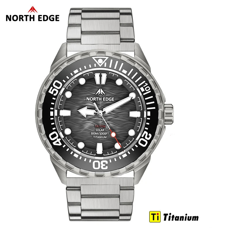 Watch - NORTH EDGE TRITON TI Titanium Stainless Solar Powered Diving Watch Luxury Quartz Watches For Men 300M Waterproof 180+ Day Power